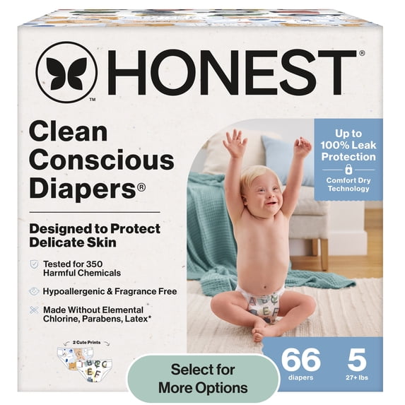 The Honest Company Clean Conscious Baby Diapers Size 5 (27+ lbs) Hypoallergenic Fragrance Free 66 Count