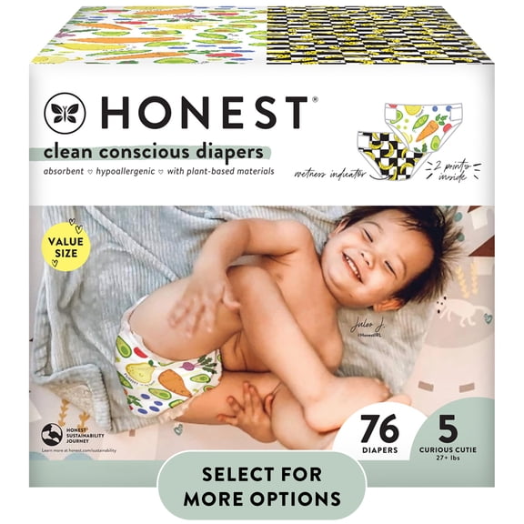 The Honest Company Clean Conscious Disposable Baby Diapers So Bananas and So Delish Prints Size 5 (27+ lbs) 76 Count
