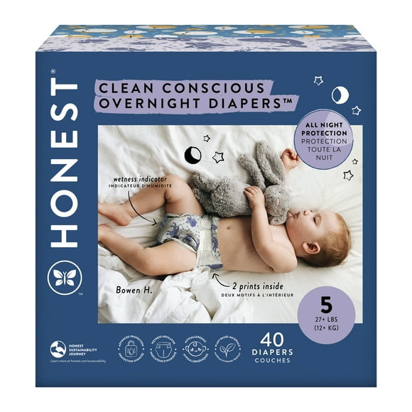 The Honest Company Clean Conscious Overnight Diapers, Cozy Cloud + Star Signs, Size 5, 40 Count Club Box