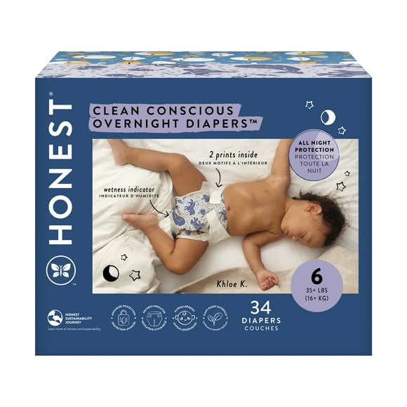 The Honest Company, Clean Conscious Overnight Diapers, Cozy Cloud + Star Signs, Size 6, 34 Count Club Box