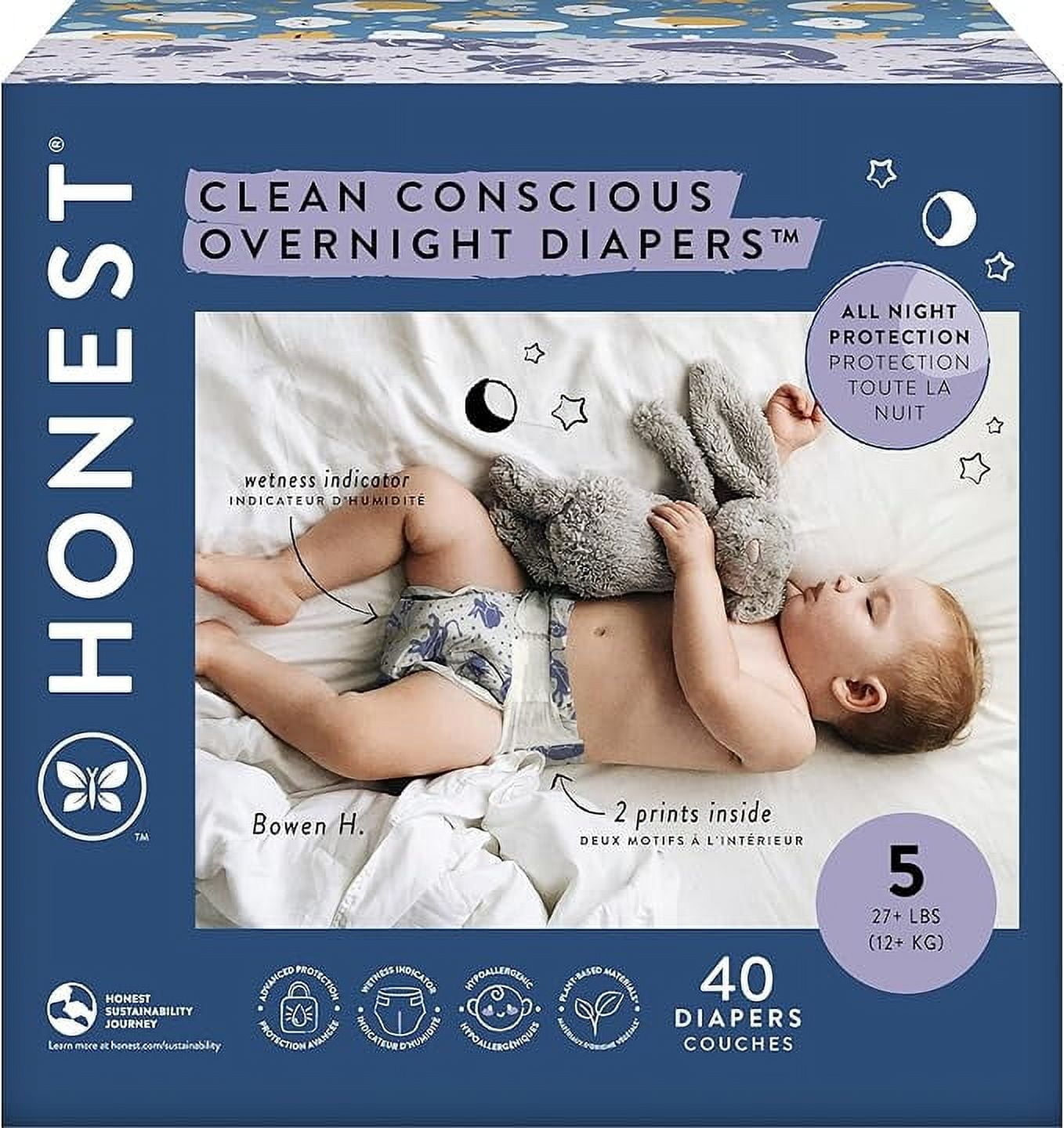 The Honest Company Clean Conscious Overnight Diapers | Plant-Based, Sustainable | Cozy Cloud + Star Signs | Club Box, Size 5 (27+ lbs), 40 Count