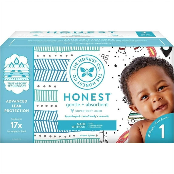 The Honest Company Club Box Diapers, True Absorb Technology, Teal Tribal & Space Travel, Size 1, 80 Count
