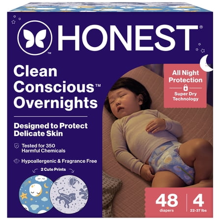 Clean Conscious™ Overnight Diapers | Up to 12 Hours of Protection | Hypoallergenic + Fragrance Free | Cozy Cloud + Star Signs | Size 4, 48 Count Club Box