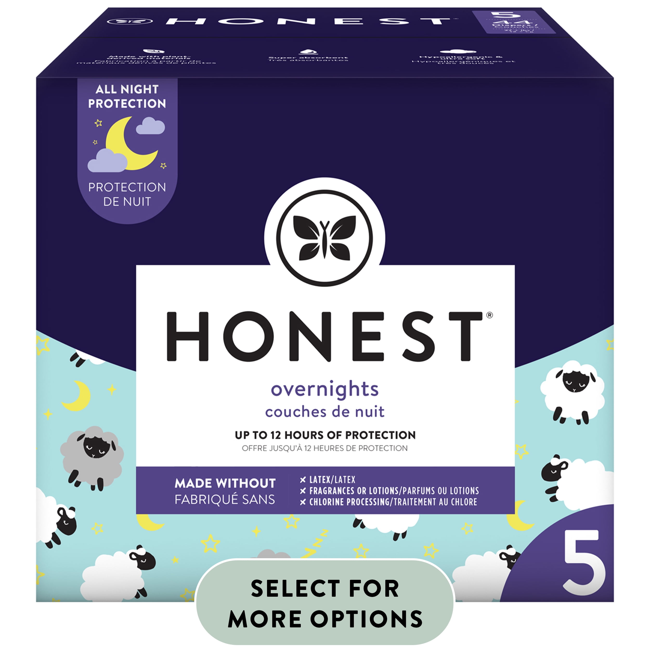 Honest Overnight Diapers Sleepy Sheep Club Box, Size 5, 44 Count