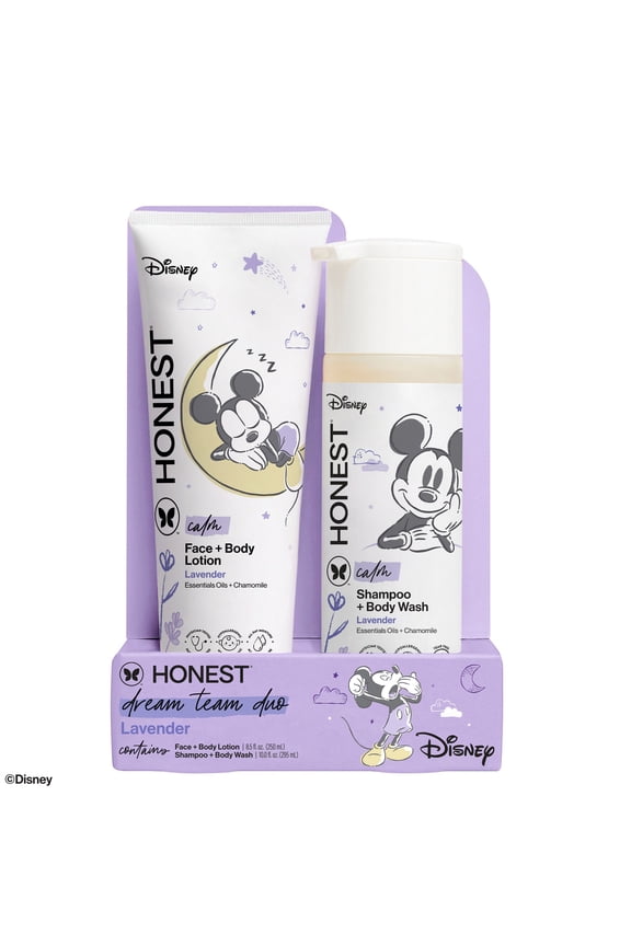 The Honest Company 2-in-1 Cleansing Shampoo + Body Wash and Face + Body Lotion Bundle + Disney Design | Gentle Enough for Baby | Dermatologist Tested | Lavender Calm