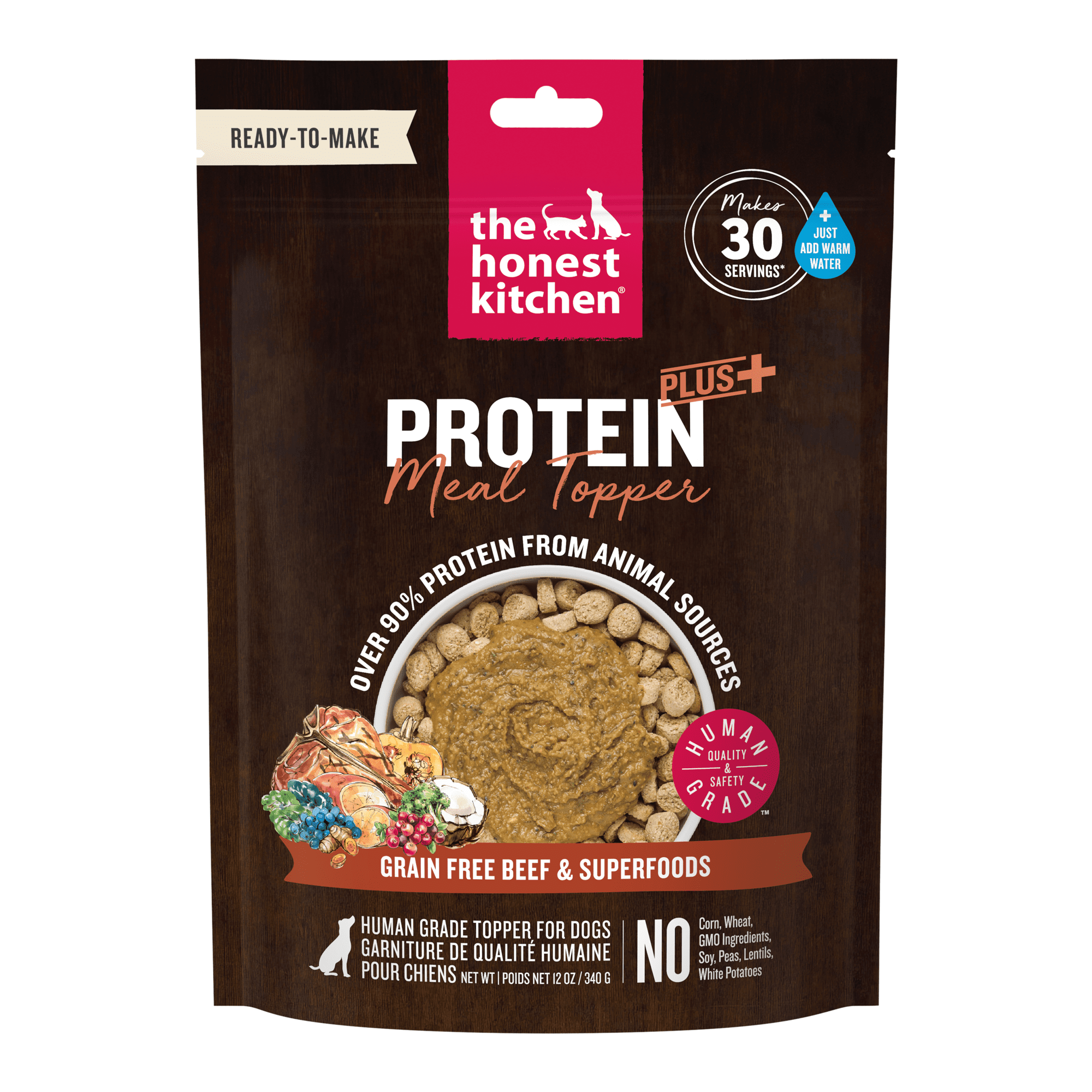 The Honest Kitchen Protein Plus Dehydrated Dog Food Topper, Human Grade High Protein Beef Meal Topper with Superfoods, Grain Free for Picky Eaters, Digestive Support, Just Add Water, 12 oz Pouch
