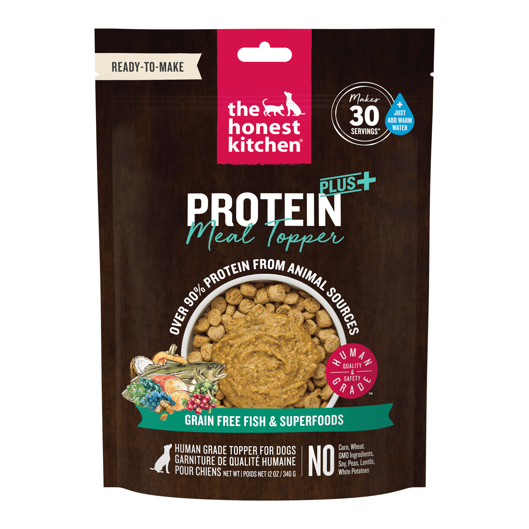 The Honest Kitchen Protein Plus Dehydrated Dog Food Topper, Human Grade High Protein Fish Meal Topper with Superfoods, Grain Free for Picky Eaters, Digestive Support, Just Add Water, 12 oz Pouch