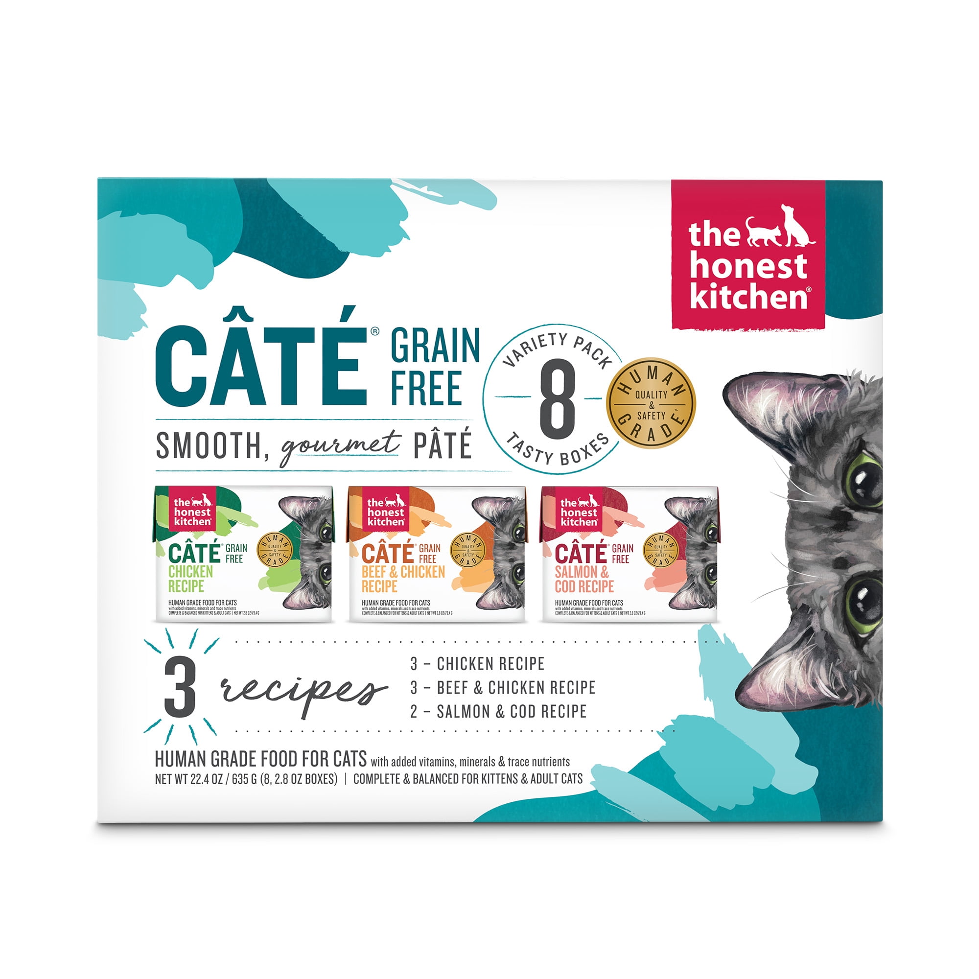 The Honest Kitchen Câté Grain Free Wet Cat Food Pâté Variety Pack in Bone Broth Gravy, Human Grade Recipes with Chicken Beef & Chicken Salmon Cod, Complete Meal for Kitten & Adult Cats 2.8 oz, 8 Pack