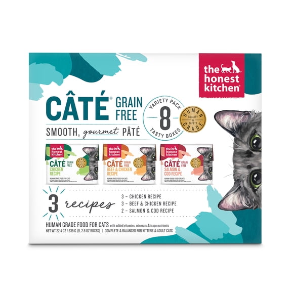 The Honest Kitchen Câté Grain Free Wet Cat Food Pâté Variety Pack in Bone Broth Gravy, Human Grade Recipes with Chicken Beef & Chicken Salmon Cod, Complete Meal for Kitten & Adult Cats 2.8 oz, 8 Pack