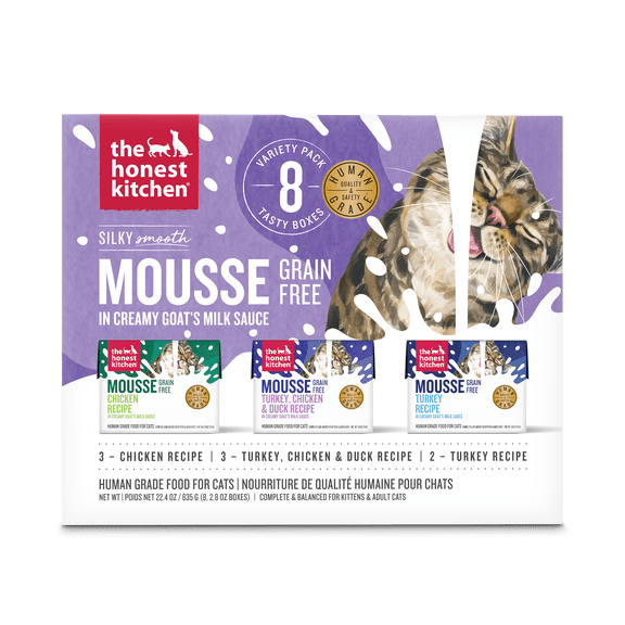 The Honest Kitchen Grain Free Wet Cat Food Mousse Variety Pack in Creamy Goats Milk, Human Grade Recipes with Chicken Turkey & Fish, Digestive Support for Kittens & Adult Cats, 2.8 oz, 8 Pack