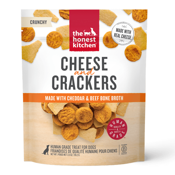 The Honest Kitchen Cheese & Crackers Dog Treats, Cheddar Cheese & Beef Bone Broth Crackers, Human Grade High Protein Crunchy Training Treats for Dogs, Savory Bite-Sized Rewards, 3.5 oz Pouch
