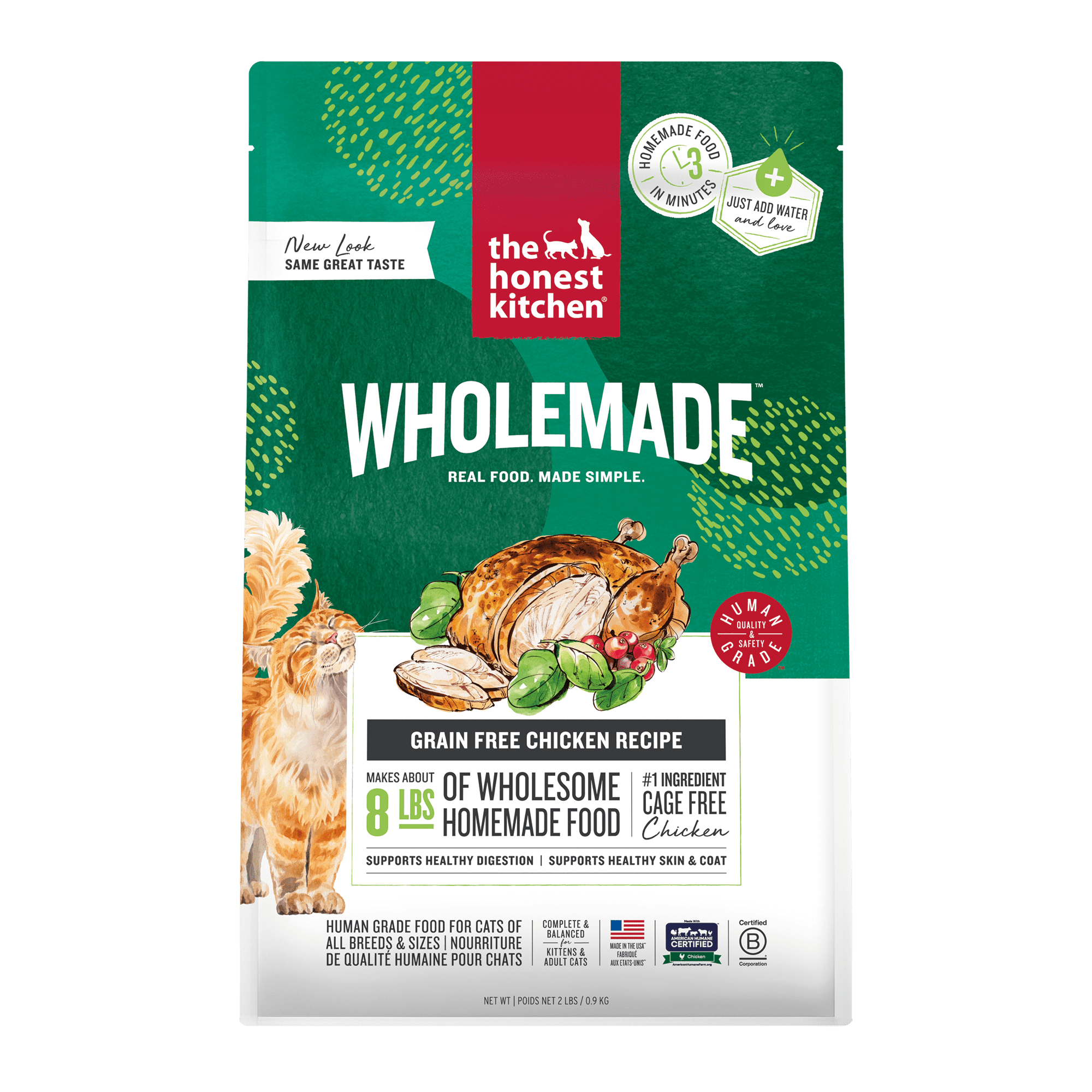 The Honest Kitchen Wholemade Dehydrated Grain Free Chicken Cat Food, Human Grade Recipe with Probiotics & Cage Free Chicken, Digestive Support, Meal or Topper for Cats, Makes 8 lbs from 2 lb Box