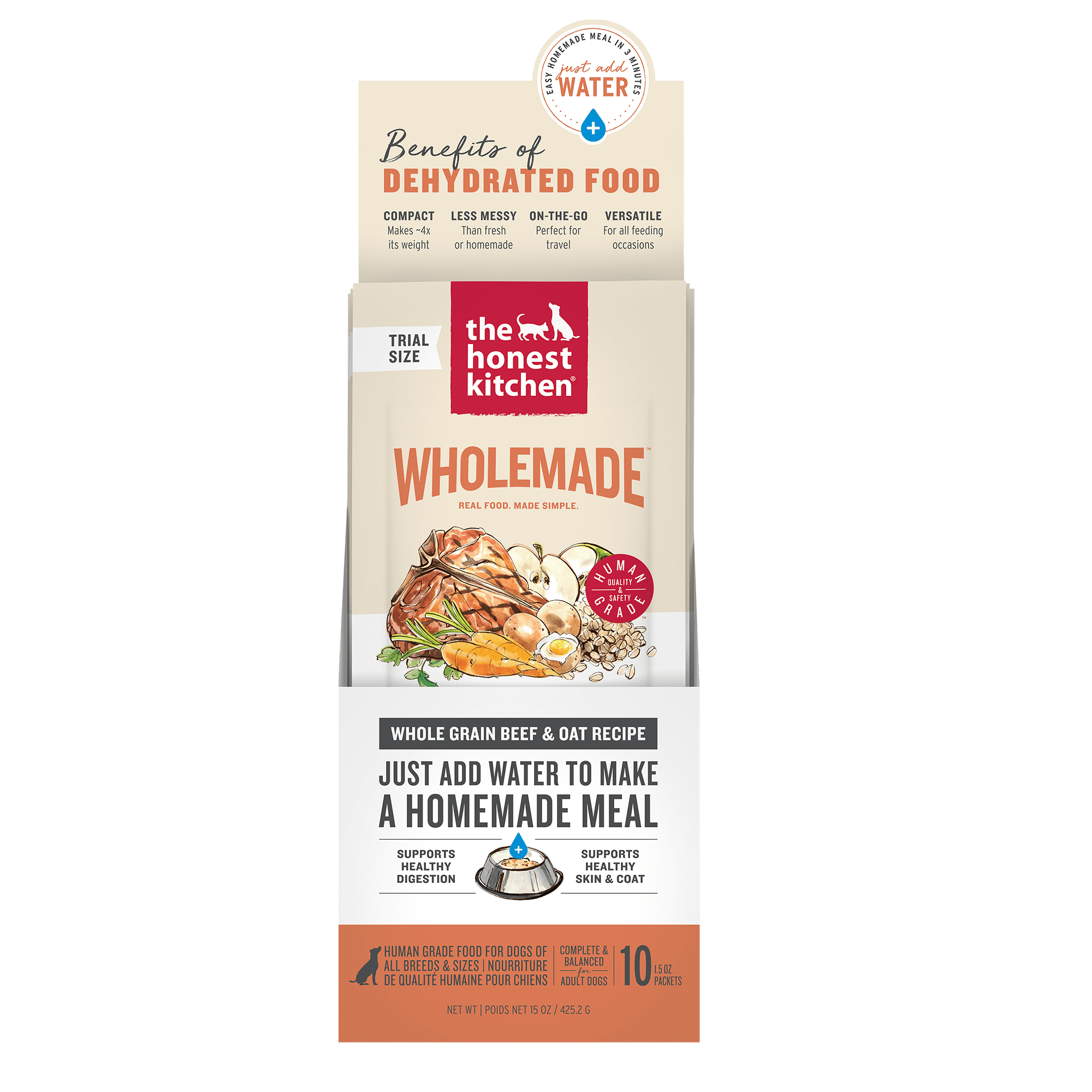 The Honest Kitchen Human Grade Dehydrated Whole Grain Dog Food – Complete Meal or Dog Food Topper – Beef 10-Pack of 1.5 oz Sachets