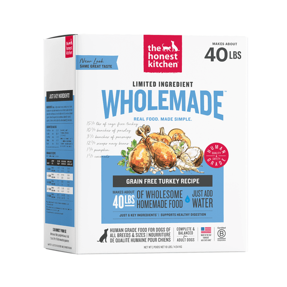 The Honest Kitchen Wholemade 6 Ingredient Grain Free Turkey Recipe, Human Grade Dehydrated Dog Food, Allergy Friendly, Digestion Support, Topper for Dry or Wet Dog Food, 10 lb Box Makes 40 lbs