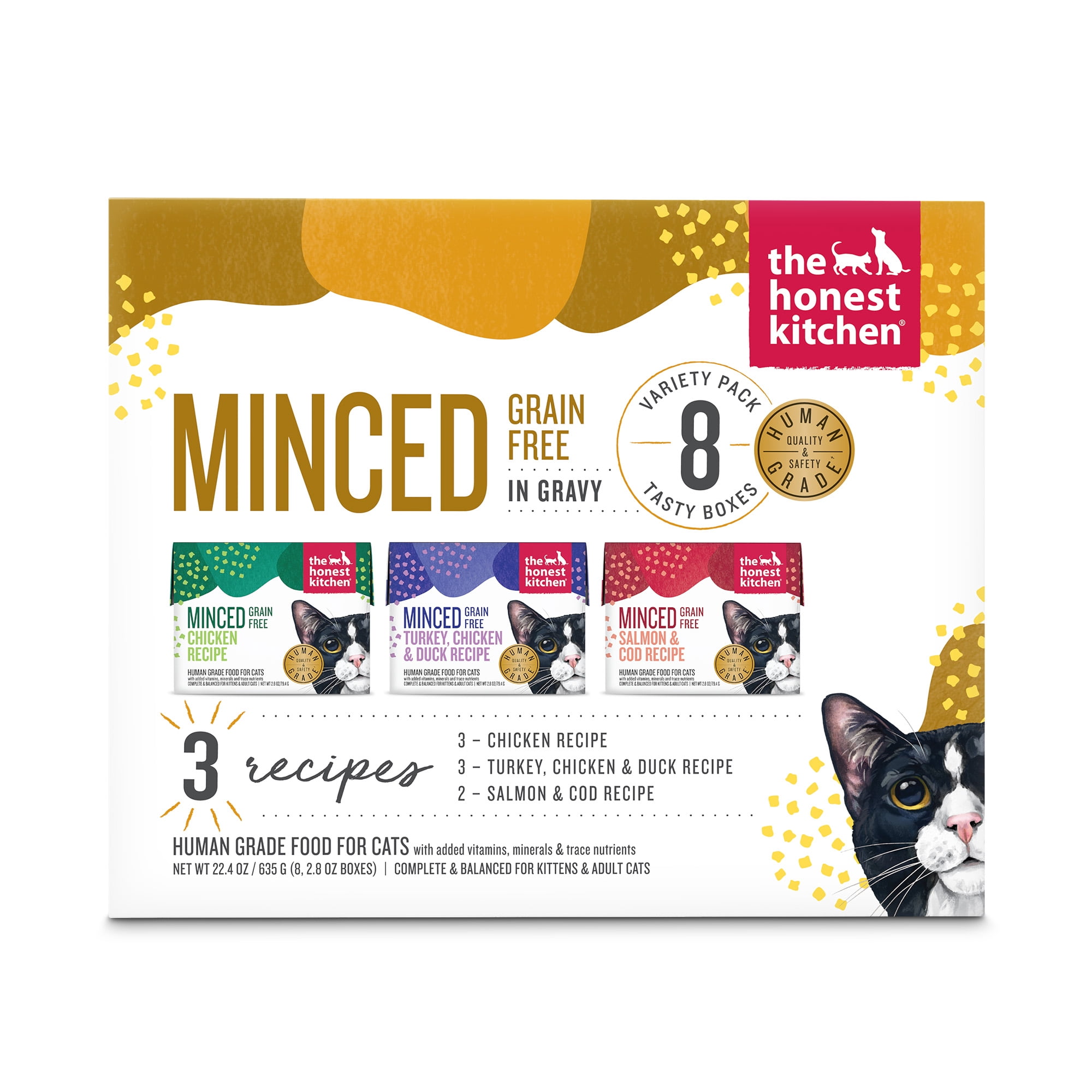 The Honest Kitchen Grain Free Minced Wet Cat Food Variety Pack in Bone Broth Gravy, Human Grade Recipes with Chicken, Turkey, Chicken & Duck, Salmon & Cod, Complete Meal, 2.8 oz, 8 Pack