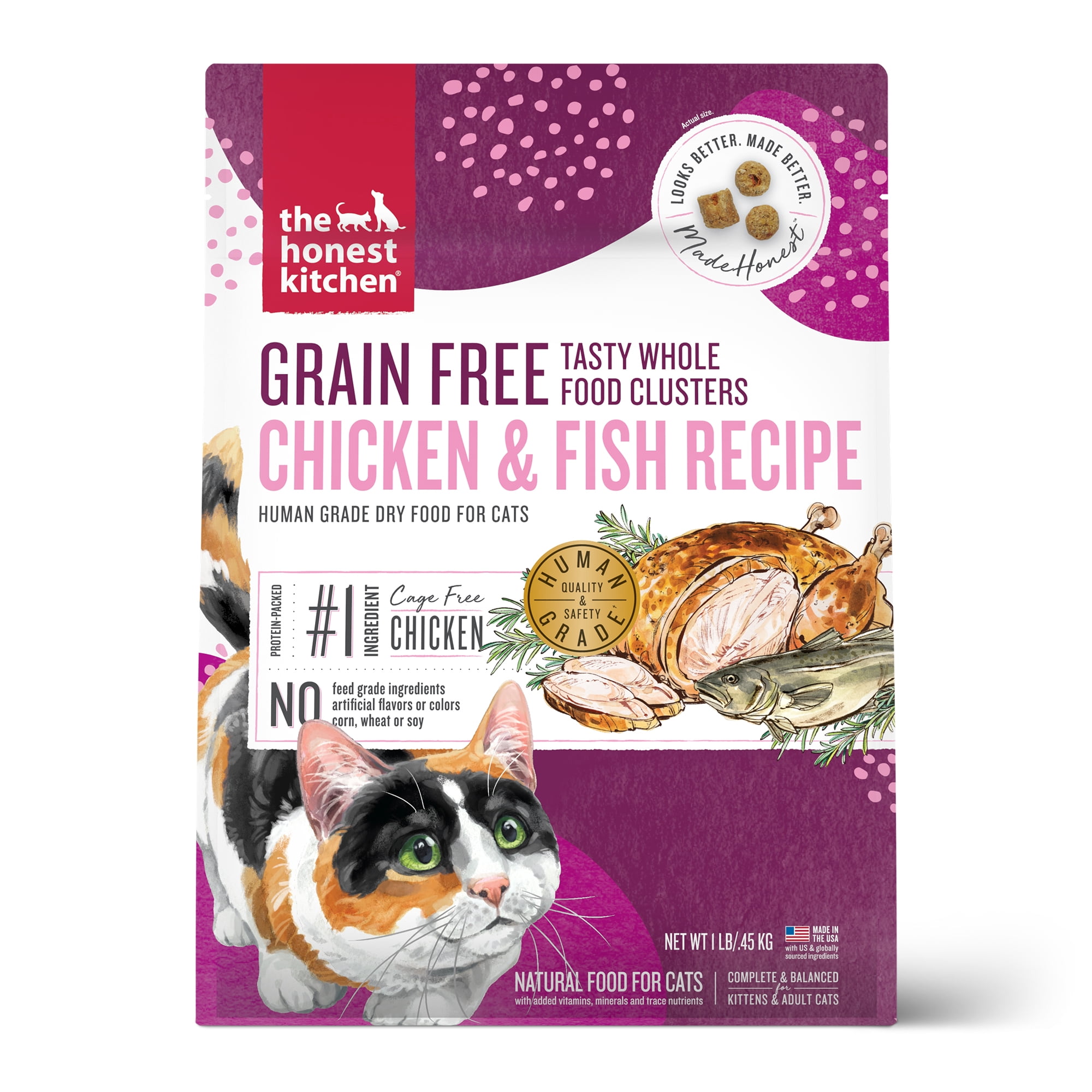 The Honest Kitchen Grain Free Chicken & Whitefish Whole Food Clusters Dry Cat Food, Human Grade Recipe Chicken, Whitefish & Probiotics, Digestive & Skin Coat Support for Kittens& Adult Cats, 1 lb Bag