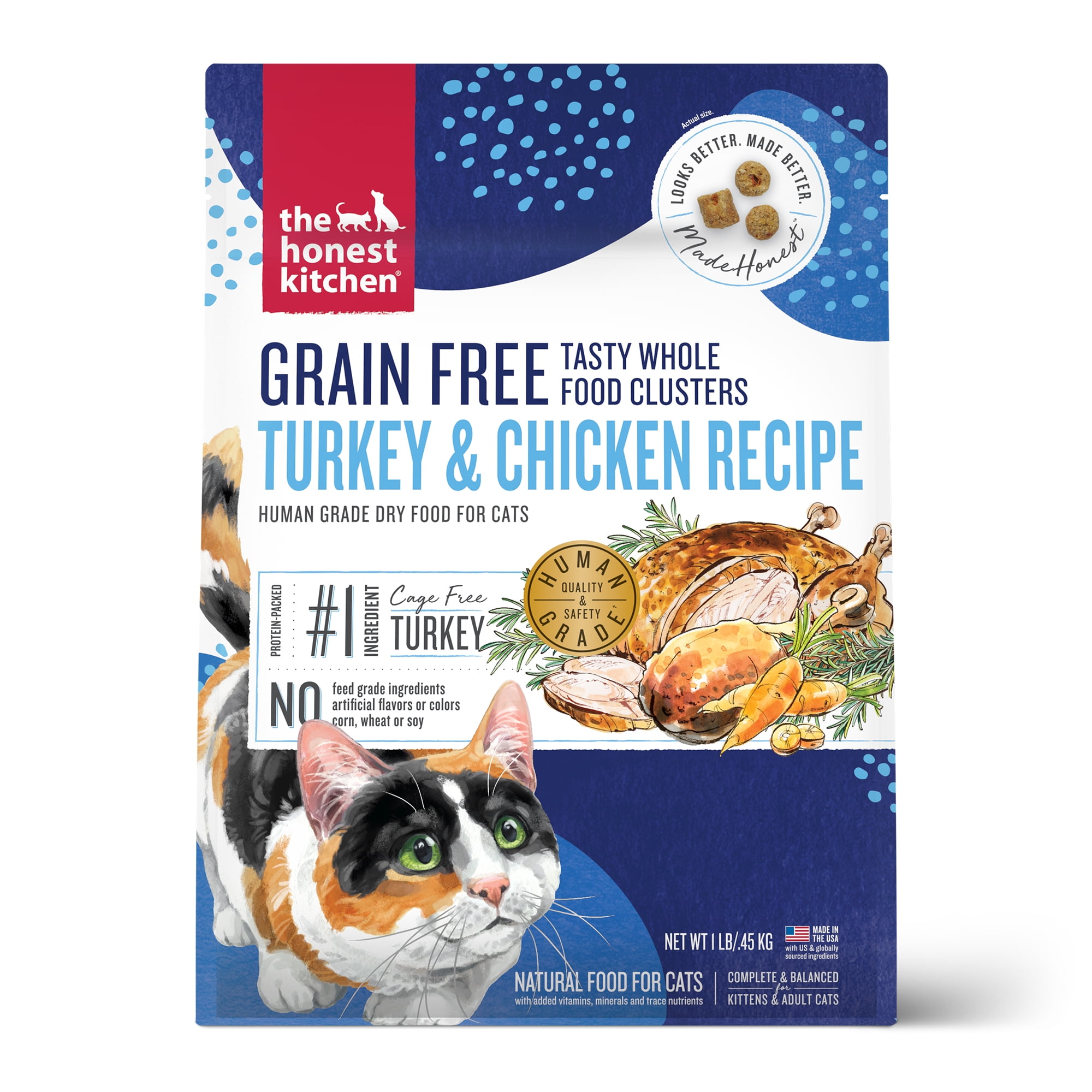 The Honest Kitchen Grain Free Turkey & Chicken Whole Food Clusters Dry Cat Food, Human Grade Recipe with Turkey, Chicken & Probiotics, Digestive & Skin Coat Support for Kittens & Adult Cats, 1 lb Bag