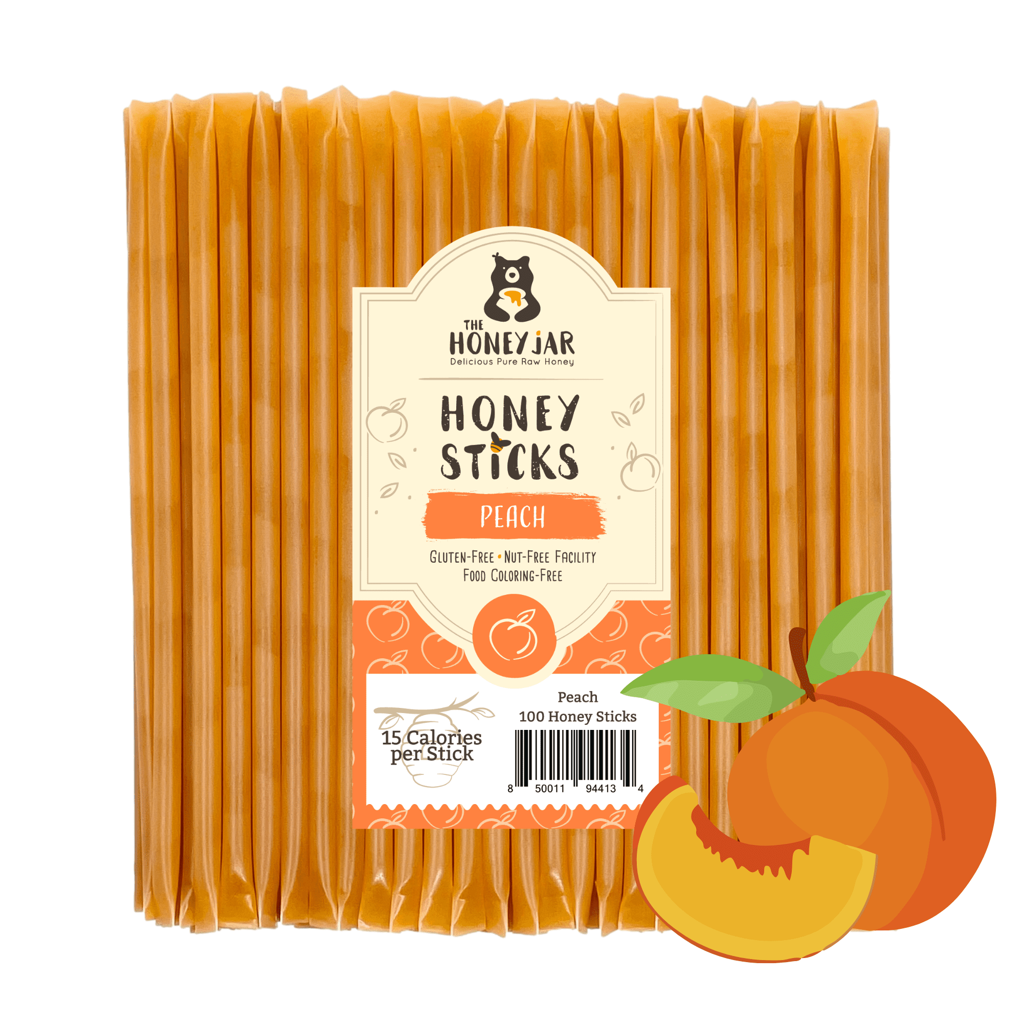The Honey Jar - Peach Naturally Flavored Honey Sticks - 100 Count Package