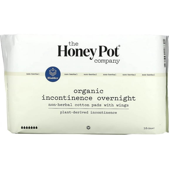 The Honey Pot 100% Organic Cotton Cover Incontinence Non-Herbal Overnight Pads - 16 Pads