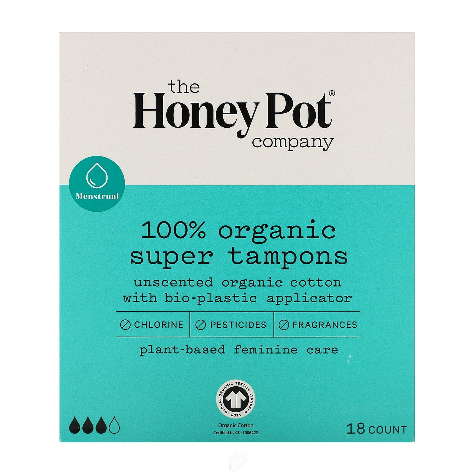 The Honey Pot 100 Organic Super Tampons BioPlastic Applicator 18