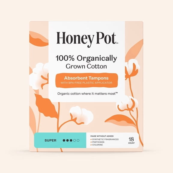 The Honey Pot 100% Organic Super Tampons, Unscented Organic Cotton with bio-Plastic applicator, 18 Ea