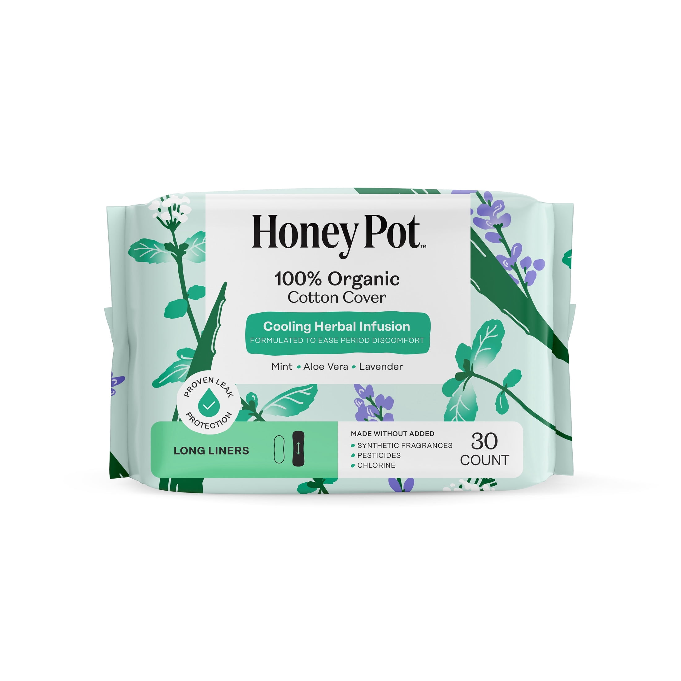 Honey Pot 100% Organic Cotton Cover Cooling Herbal Infusion Long Liners, 30 Count