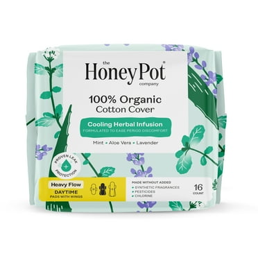 Honey Pot 100% Organic Cotton Cover Cooling Herbal Infusion Heavy Flow Daytime Pads, 16 Count&nbsp;