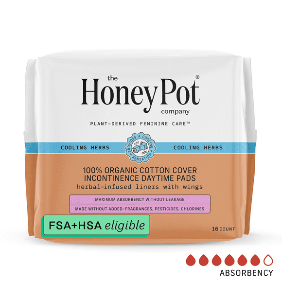 The Honey Pot Company, Herbal Daytime Incontinence Pads with Wings, Organic Cotton Cover, 16 ct.
