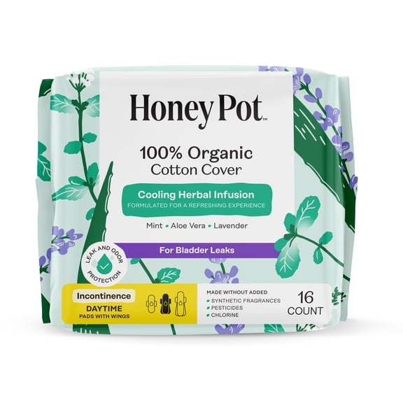 Honey Pot 100% Organic Cotton Cover Cooling Herbal Infusion Incontinence Daytime, 16 Count