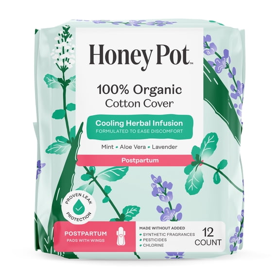 Honey Pot 100% Organic Cotton Cover Cooling Herbal Infusion Postpartum Pads, 12 Count