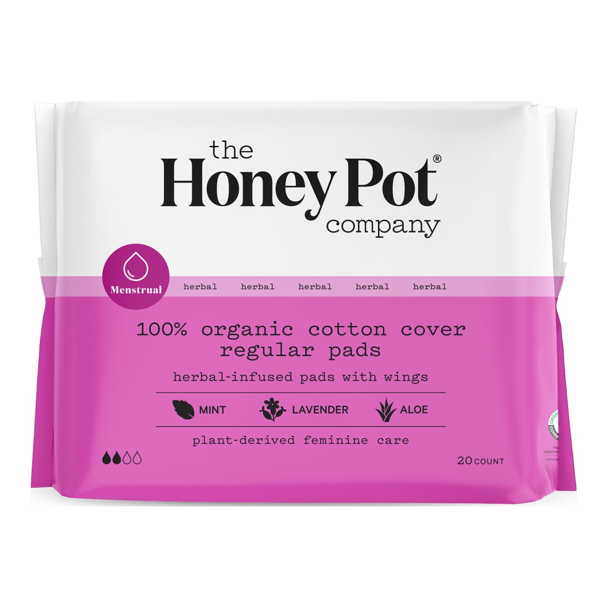 The Honey Pot Pads, Herbal-Infused, with Wings, 100% Organic Cotton Cover, Regular - 20 pads