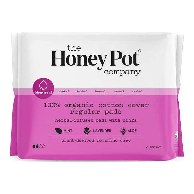 The Honey Pot Company, Herbal Regular Pads with Wings, Organic Cotton
