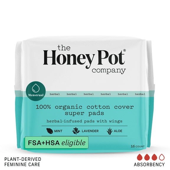 The Honey Pot Company, Herbal Super Pads with Wings, Organic Cotton Cover, 16 ct.