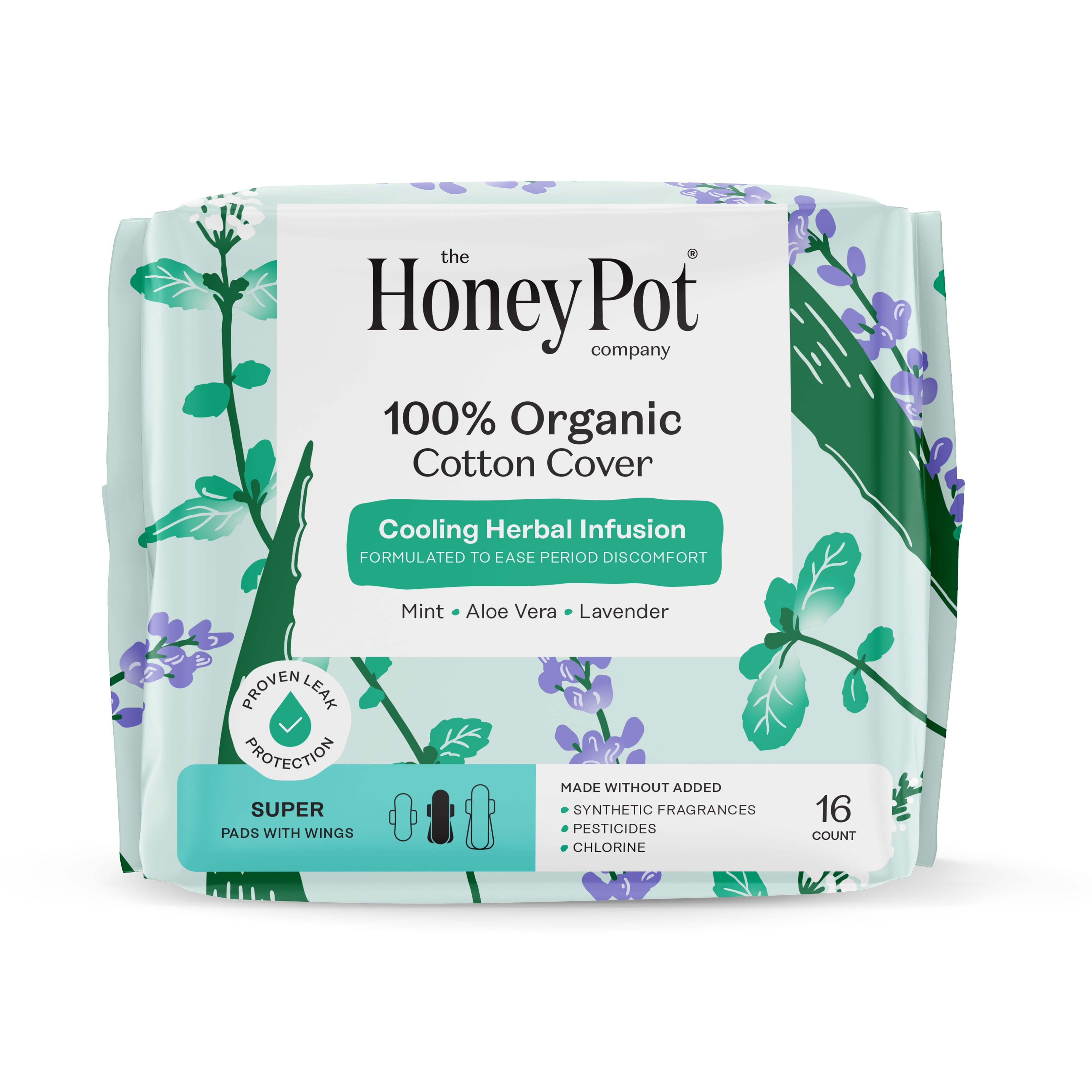 Honey Pot 100% Organic Cotton Cover Cooling Herbal Infusion Super Pads, 16 Count