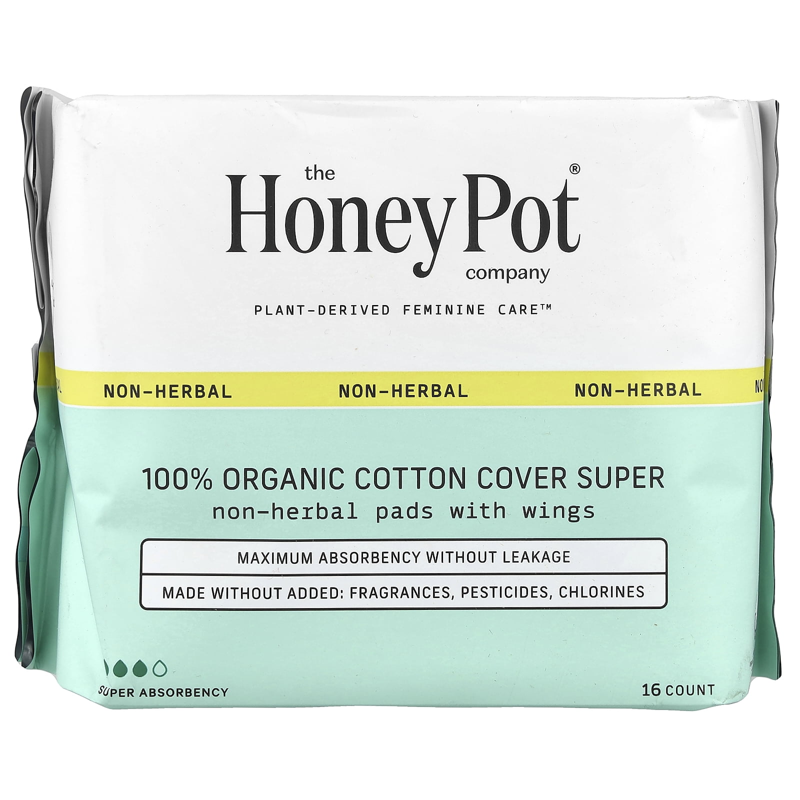 The Honey Pot Company Organic Non-Herbal Pads with Wings, Super, 16 Count