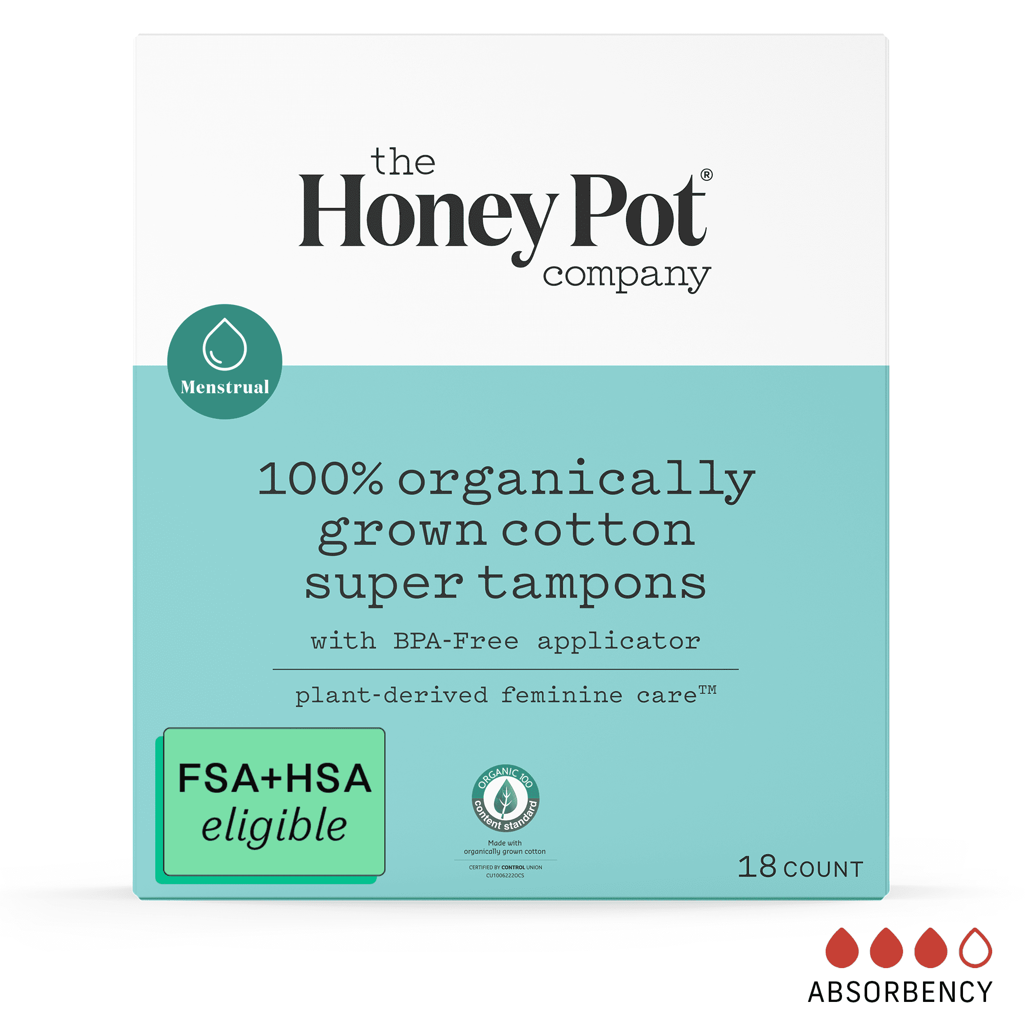 Honey Pot Organic Cotton Core Super, BPA-Free Applicator Tampons - 18ct.