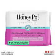 Honey Pot 100% Organic Cotton Cover Cooling Herbal Infusion Regular Pads, 20 Count