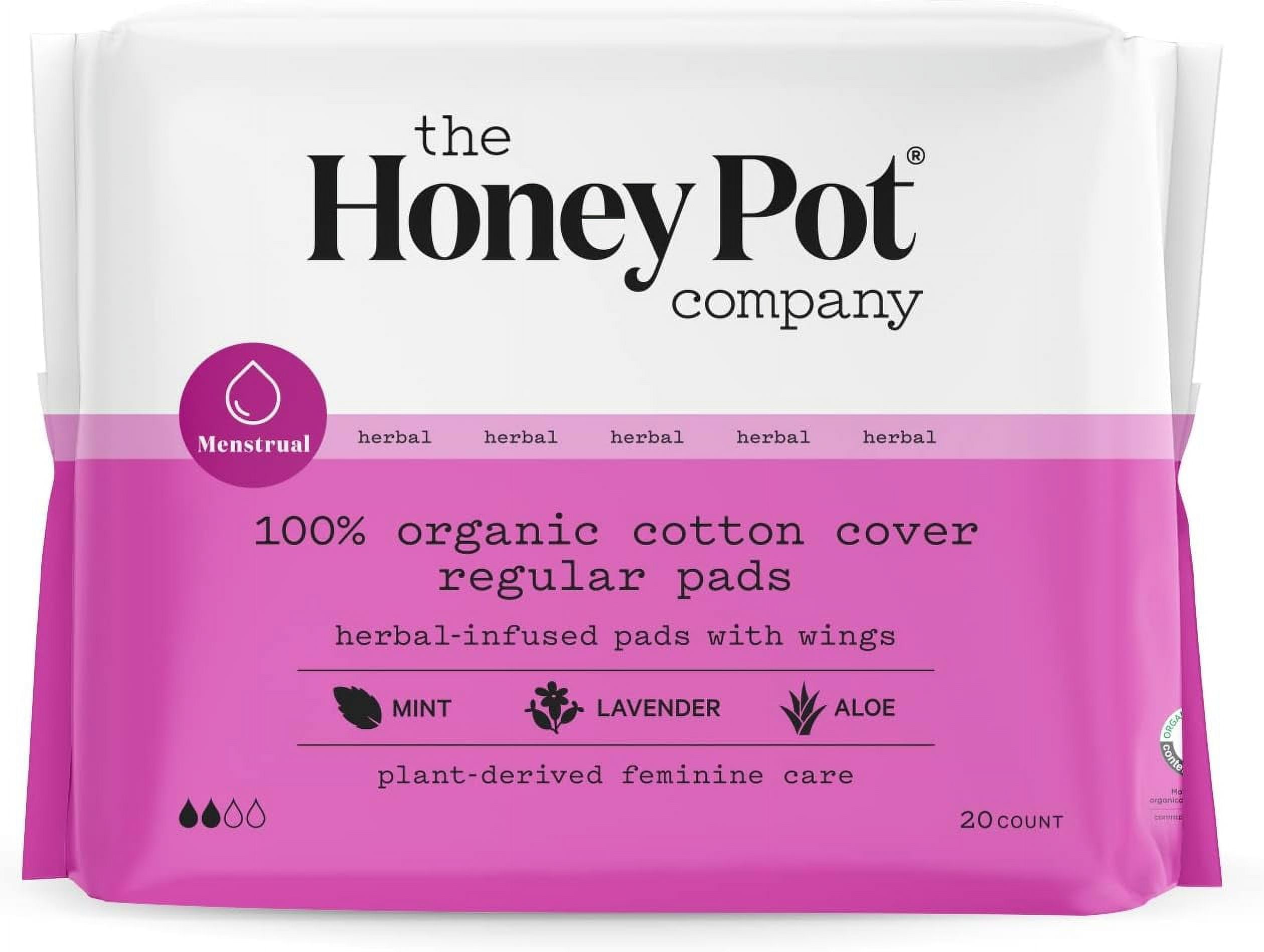 The Honey Pot Company Herbal Regular Pads with Wings, Organic Cotton Cover, 20 Ct..