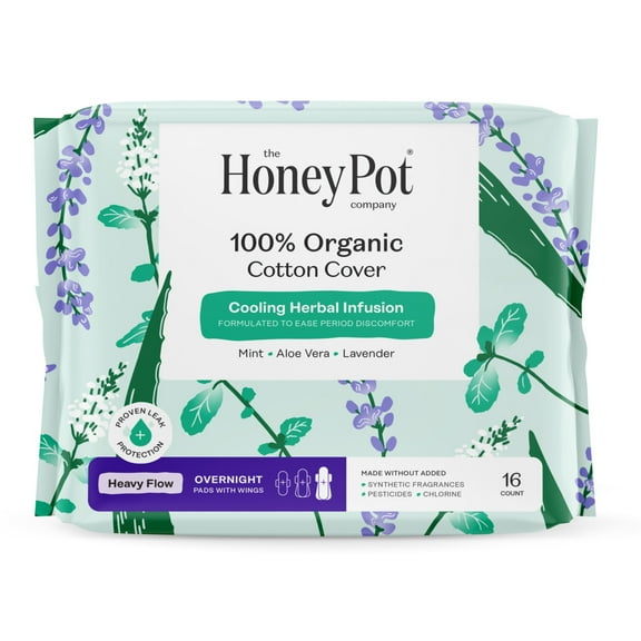 Honey Pot 100% Organic Cotton Cover Cooling Herbal Infusion Heavy Flow Overnight Pads, 16 Count