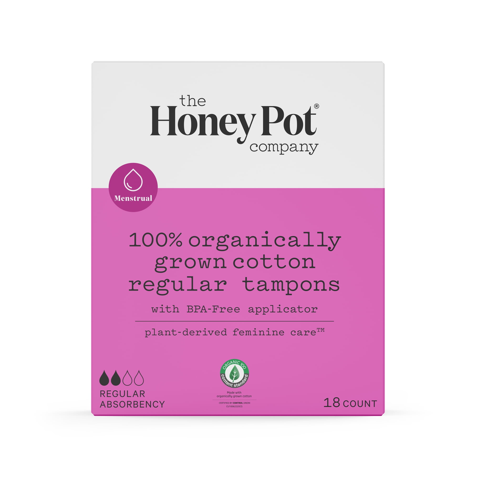 Honey Pot Organic Cotton Core Regular, BPA-Free Applicator Tampons 18 ct.