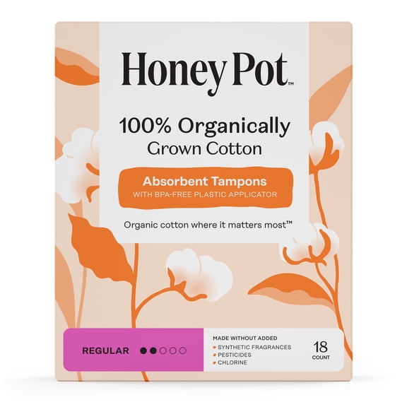 Honey Pot 100% Organic Cotton Core Regular Tampons, 18 Count