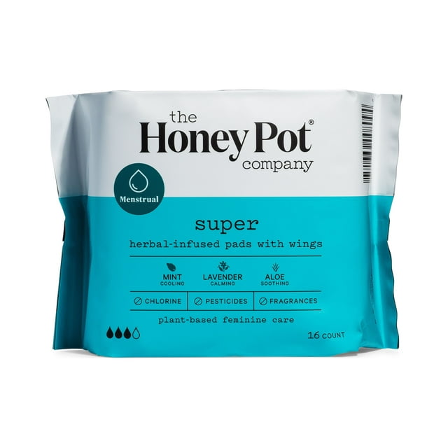 The Honey Pot Company Super Herbal Menstrual Pads with Wings, 16 Count