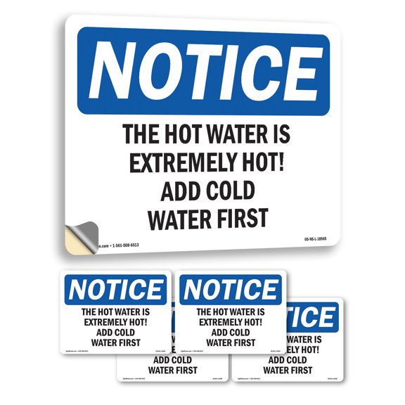 The Hot Water Is Extremely Hot! Add Cold OSHA Notice Vinyl Decal Label 5 Inch x 3.5 Inch - 5 Pack
