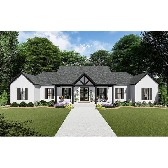 The House Designers: THD-9138 Builder-Ready Blueprints to Build a Split-Bedroom Modern Farmhouse Ranch Plan with Exterior Symmetry and Slab Foundation (5 Printed Sets)