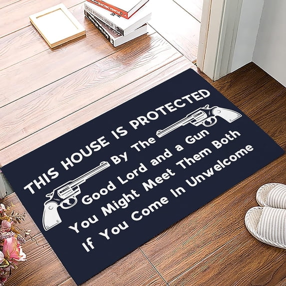 The House is Protected by The Gun Welcome Non-Slip Absorbent Resist Dirt Doormat Entrance Rug Inside Floor Mats for Home Bedroom Kitchen Front Porch 18X30 Inches