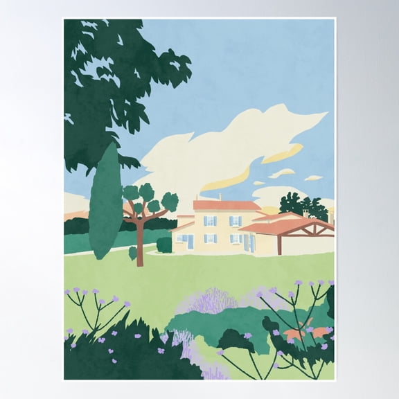 The House With Blue Shutters - French Countryside Landscape Poster Wall Art, Modern Wall Decor, 8x12 UNFRAMED