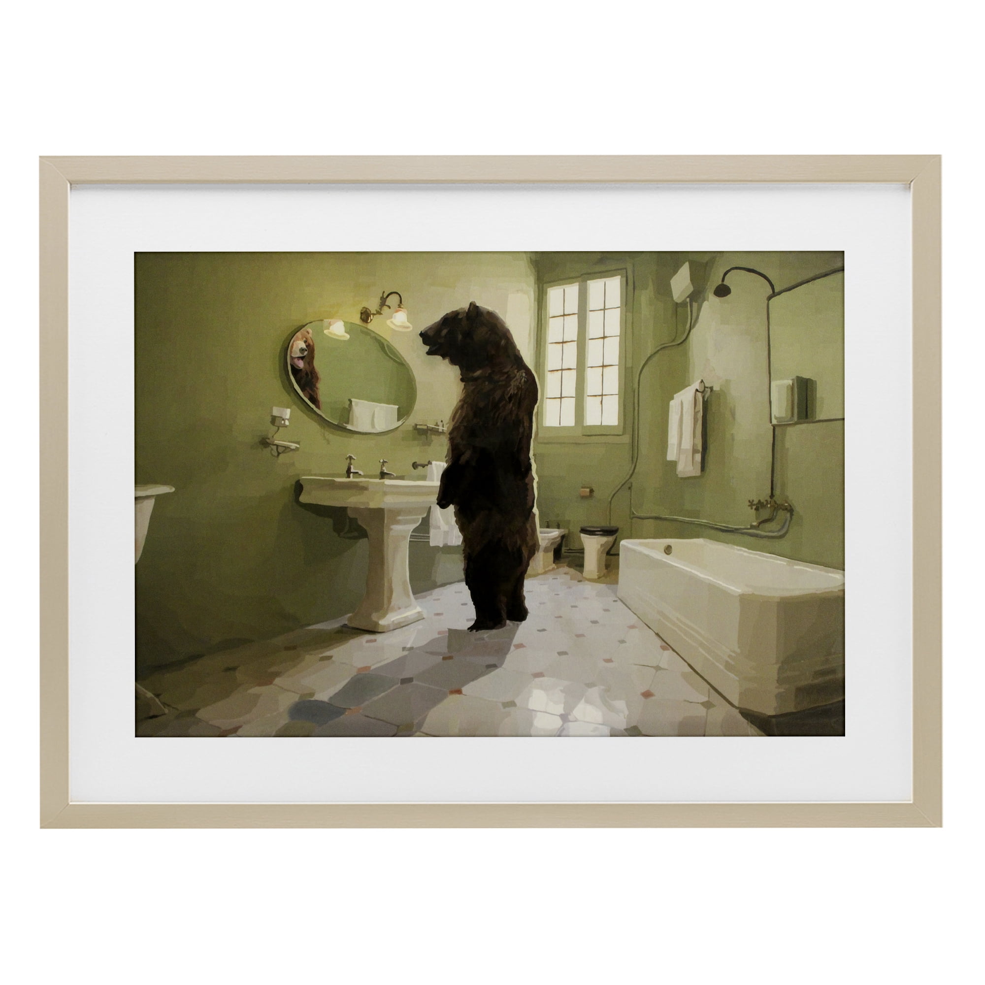 The Houseguest Bear in Bathroom Birch Framed Print Under Glass, design by Keith Thomson