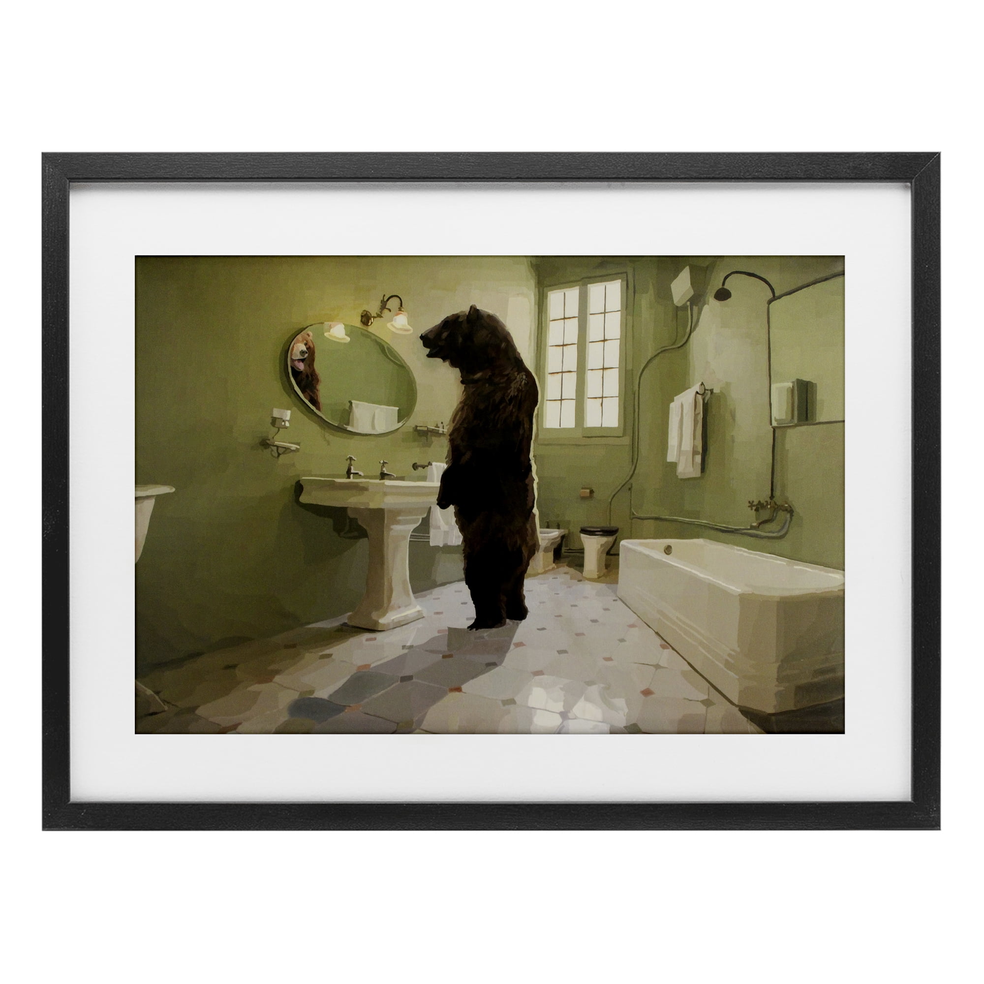 The Houseguest Bear in Bathroom Black Framed Print Under Glass, design by Keith Thomson