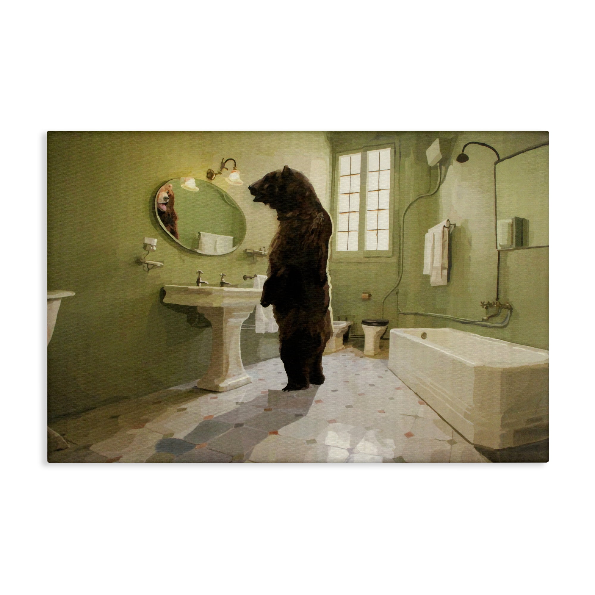 The Houseguest Bear in Bathroom Canvas Wall Art, design by Keith Thomson