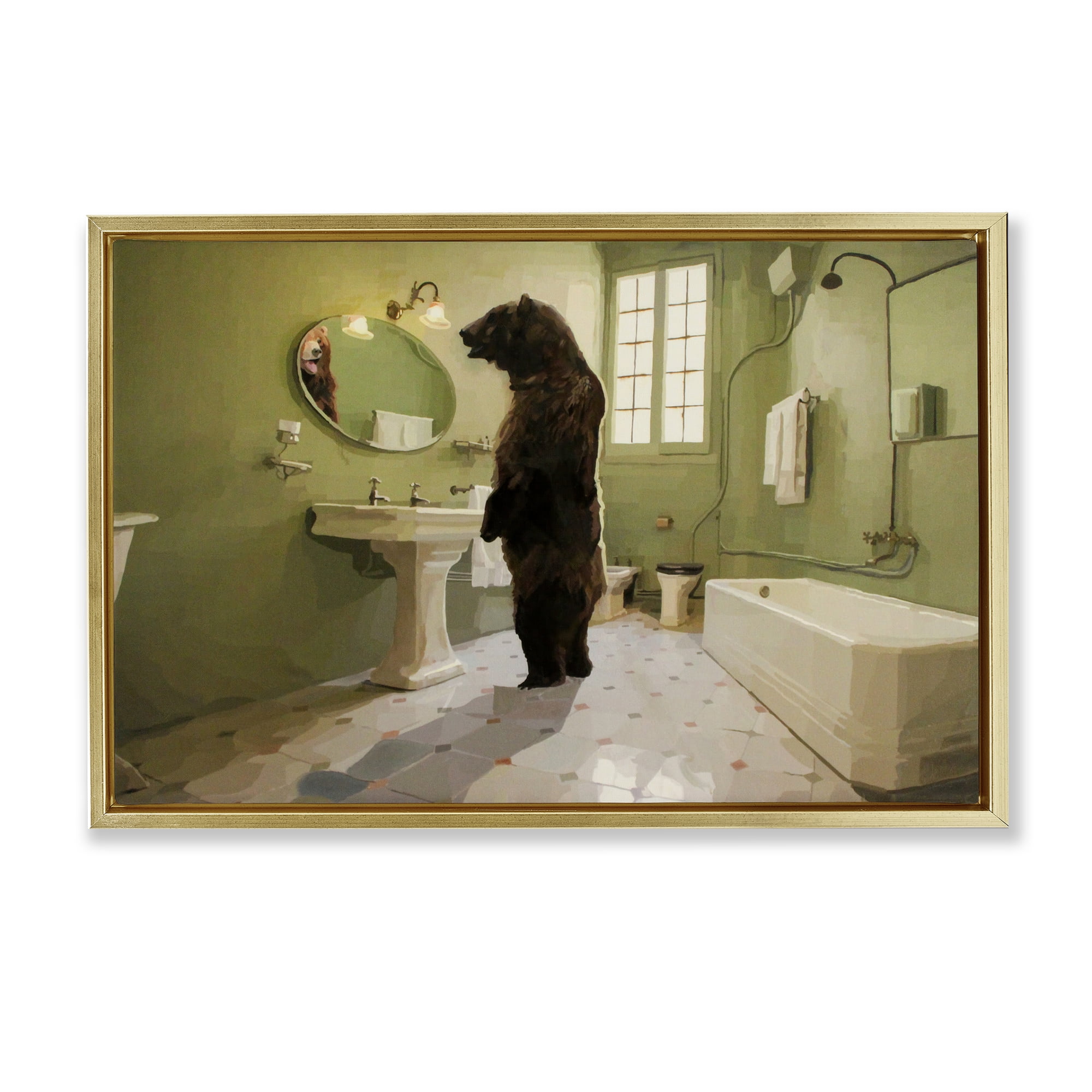 The Houseguest Bear in Bathroom Gold Framed Floater Canvas Wall Art, design by Keith Thomson